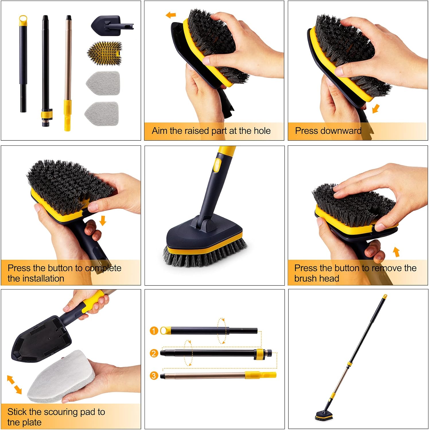 Yocada Tub Tile Scrubber Brush 2 in 1 Cleaning Brush 58.2" Adjustable Telescopic Pole Stiff Bristles Scouring Pads for Cleaning Bathroom Kitchen Toilet Wall Tub Tile Sink Non-Scratch Grey-2