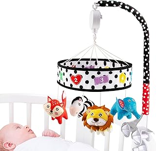 teytoy Baby Crib Mobile for Bassinet, High Contrast Black and White Musical Mobile for Crib Toy with 4 PCS Plush Animals for Newborn Boys and Girls Nursery Mobiles