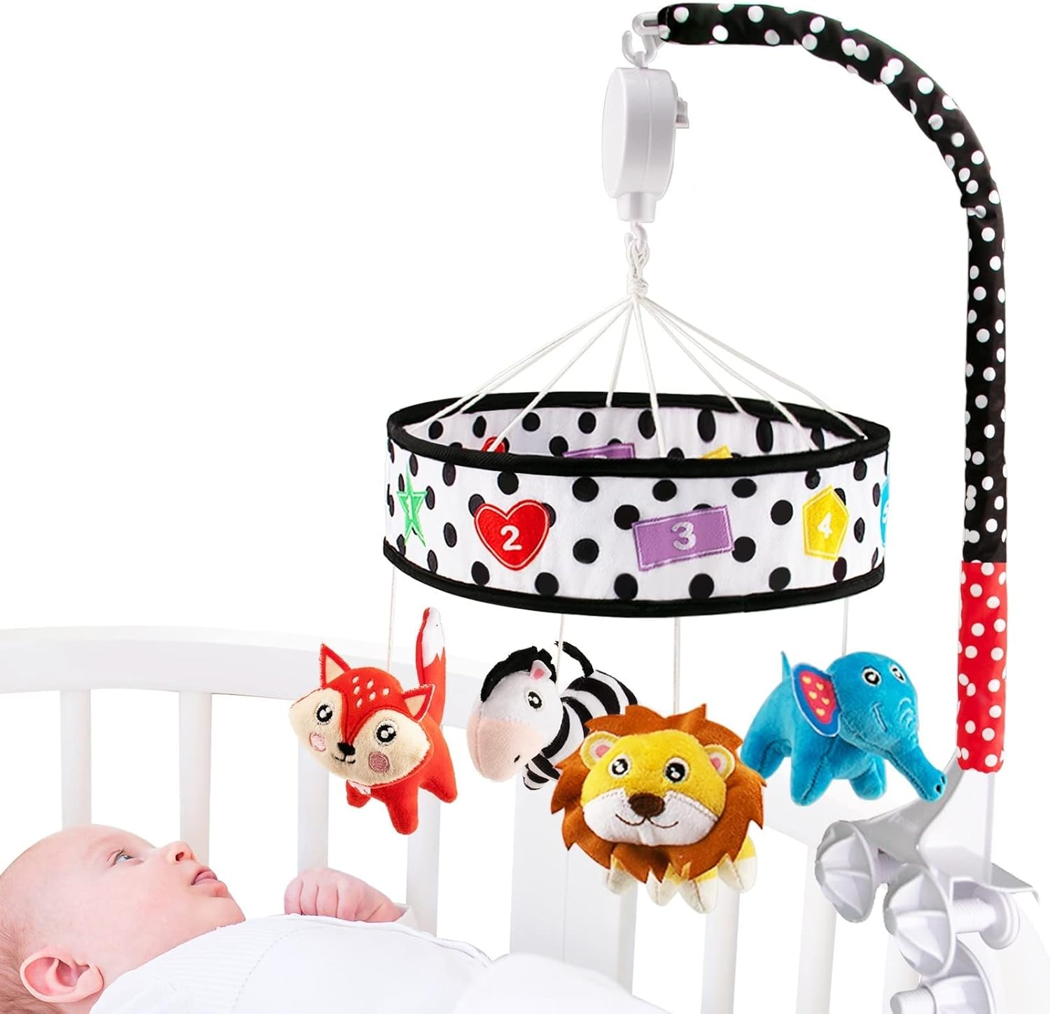 teytoy Baby Crib Mobile for Bassinet, High Contrast Black and White Musical Mobile for Crib Toy with 4 PCS Plush Animals for Newborn Boys and Girls Nursery Mobiles-0