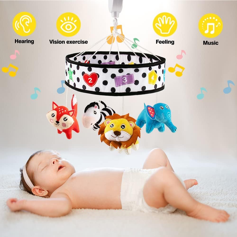 teytoy Baby Crib Mobile for Bassinet, High Contrast Black and White Musical Mobile for Crib Toy with 4 PCS Plush Animals for Newborn Boys and Girls Nursery Mobiles-2