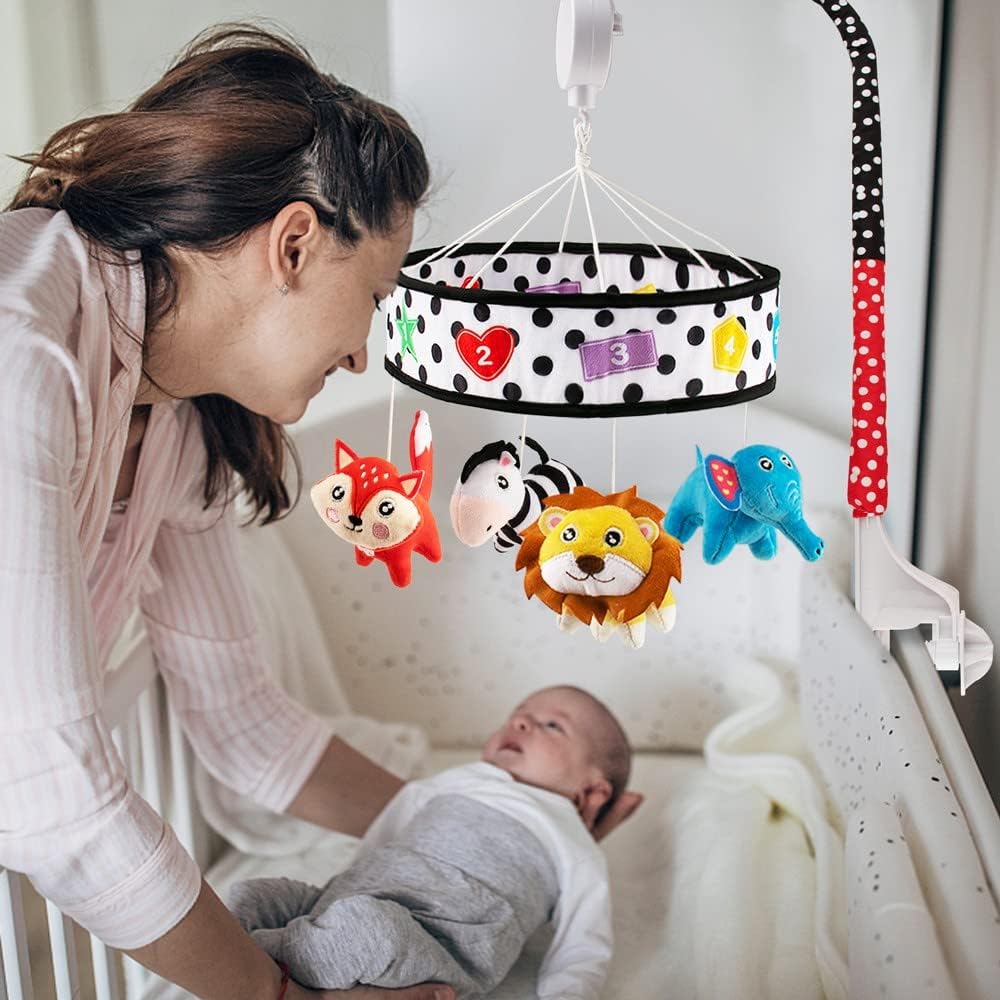 teytoy Baby Crib Mobile for Bassinet, High Contrast Black and White Musical Mobile for Crib Toy with 4 PCS Plush Animals for Newborn Boys and Girls Nursery Mobiles-4