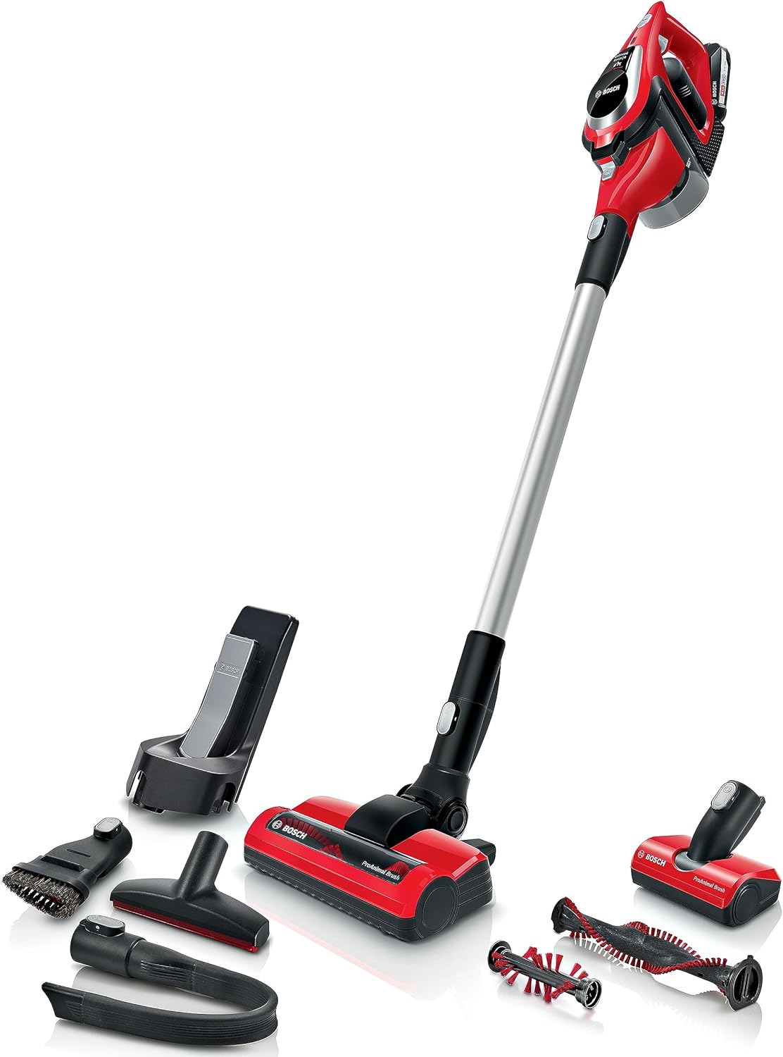 Bosch BBS81PETGB Unlimited 8 Cordless Stick Vacuum Cleaner with Extra Floor Nozzle for Pet Hair and Carpets, 1 x Interchangeable 18V Battery, 40 Minutes Run Time, Tornado Red-0