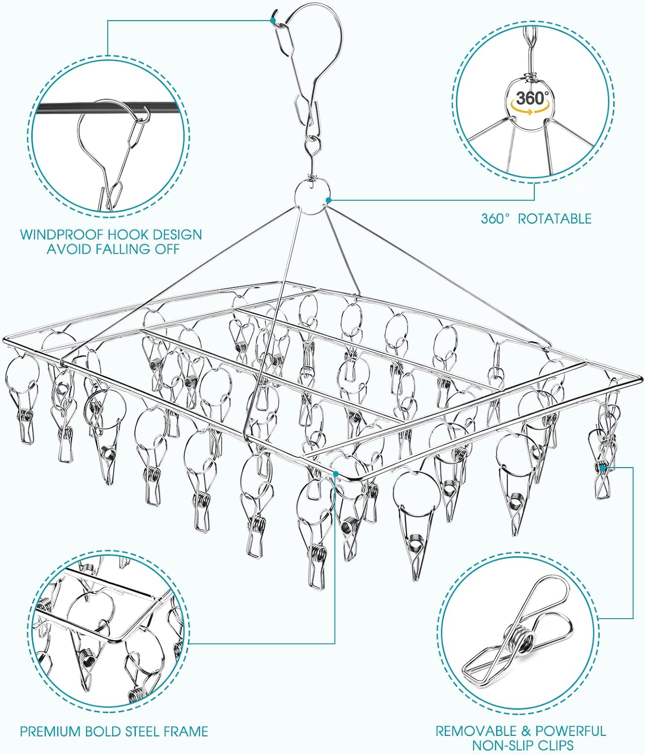 Sinnsally Folding Sock Dryer with 36 Pegs,Metal Sock Hangers with Clips,Underwear Hanger for Washing Line Accessories,Stainless Steel Clothes Sock Drying Rack,Laundry Drip Airer Hanger with Pegs-2