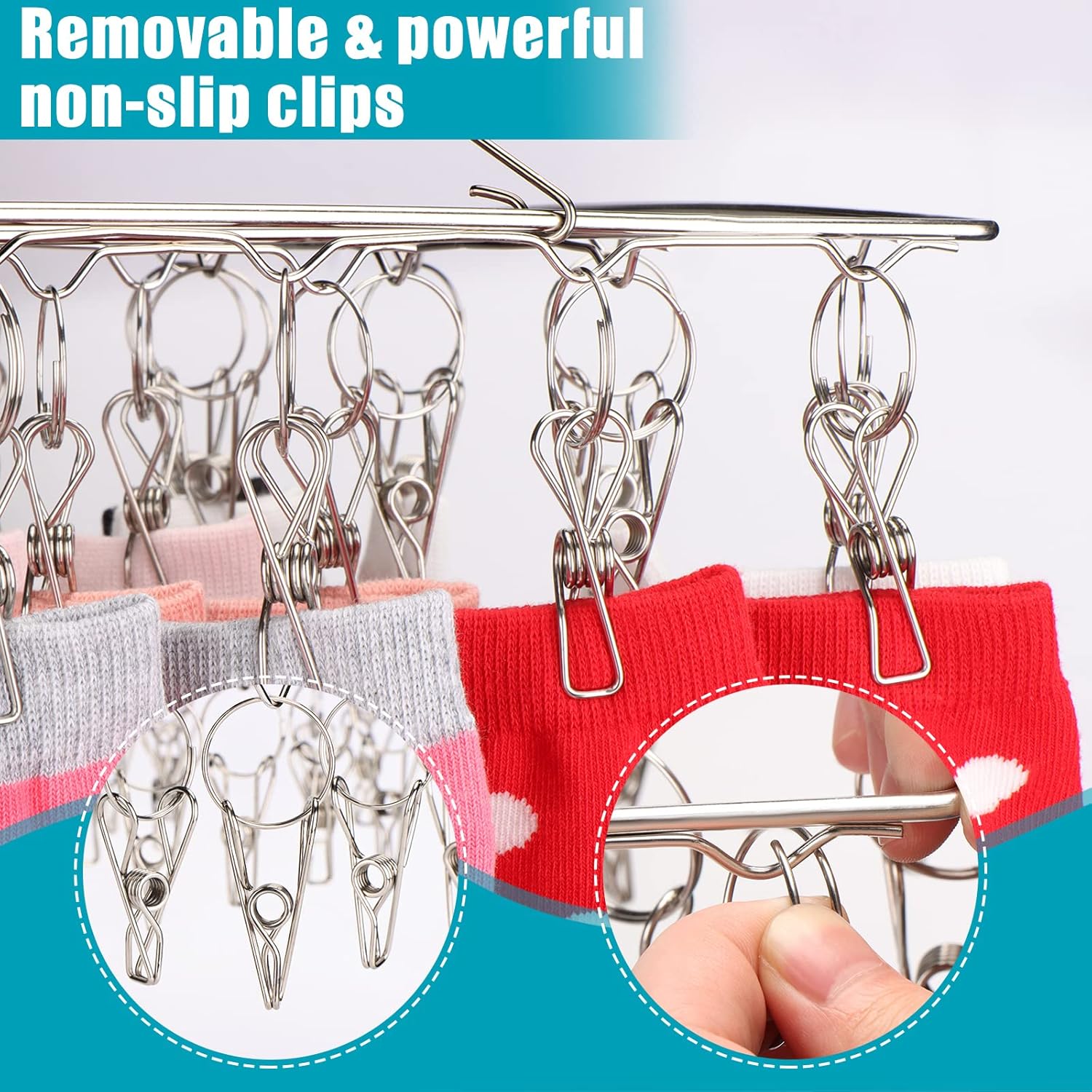 Sinnsally Folding Sock Dryer with 36 Pegs,Metal Sock Hangers with Clips,Underwear Hanger for Washing Line Accessories,Stainless Steel Clothes Sock Drying Rack,Laundry Drip Airer Hanger with Pegs-5