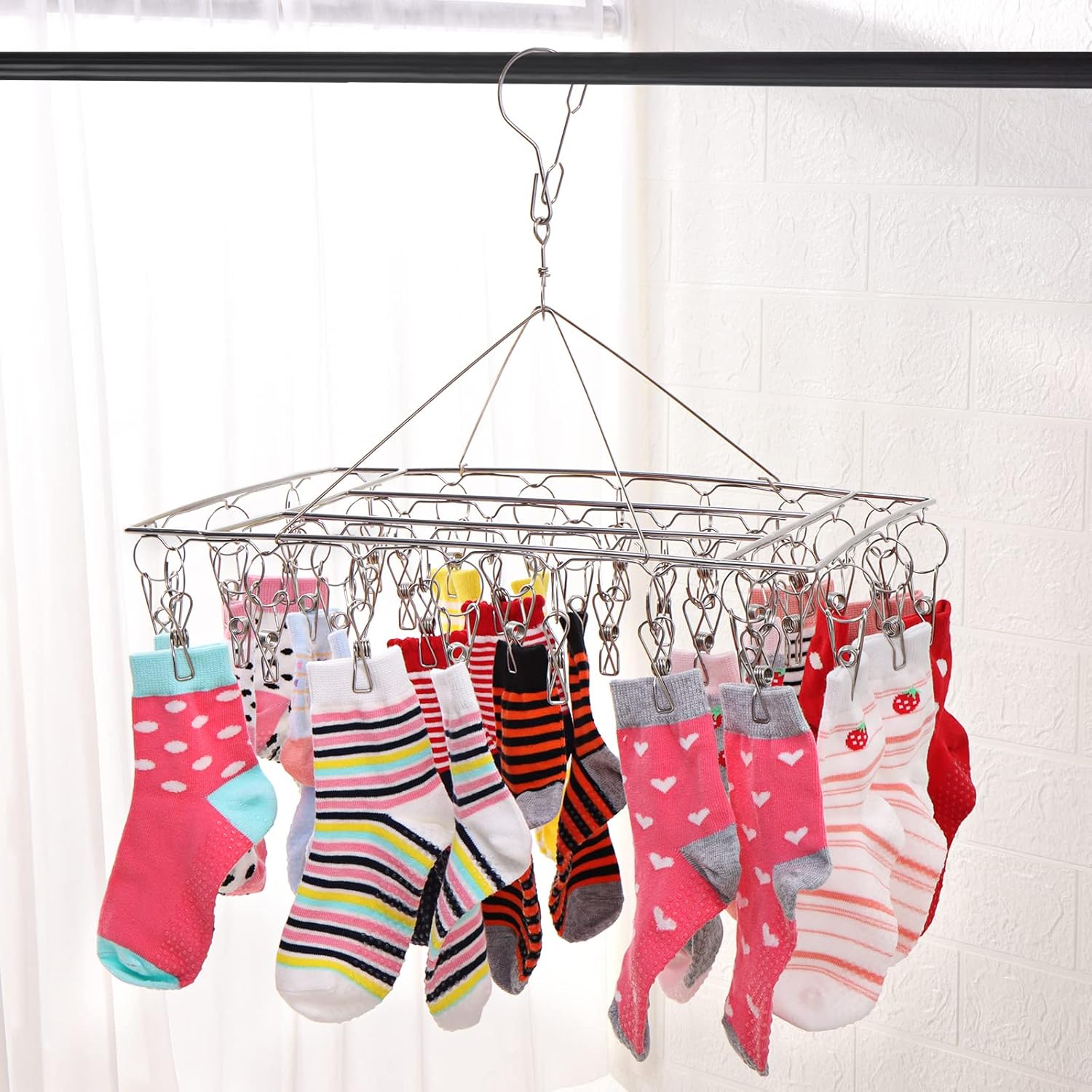 Sinnsally Folding Sock Dryer with 36 Pegs,Metal Sock Hangers with Clips,Underwear Hanger for Washing Line Accessories,Stainless Steel Clothes Sock Drying Rack,Laundry Drip Airer Hanger with Pegs-6