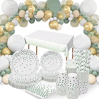 Sage Green Party Paper Plates Cups and Napkins Set, 24 Guest Party Decoration, Party Tableware with Balloon Arch,Tablecloth for Birthday, Baby Shower, Wedding, Christening Green Party Supplies