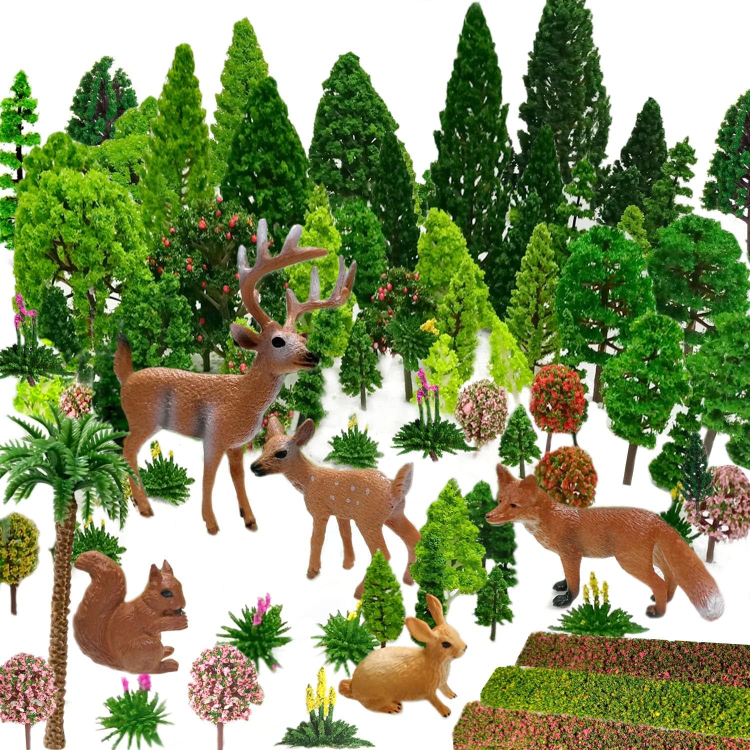 OrgMemory Mixed Model Trees, 4-16 cm, 70pcs, Toy Plastic Trees, Small World Trees, Ho Scale Bushes with Animals Figures, Plastic Trees for Projects, Model Train Scenery-0