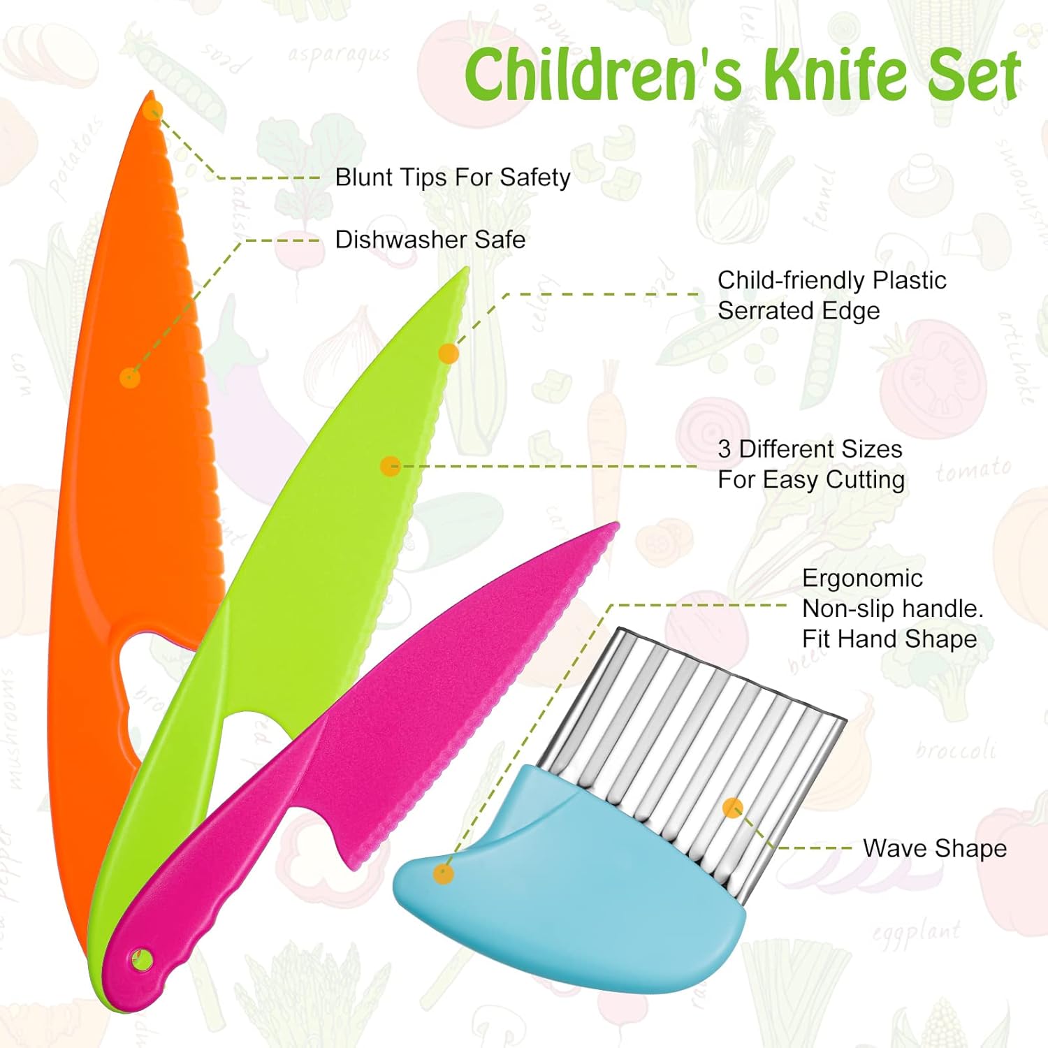 AKlamater 6PCS Kitchen Safety Knives for Kids, 4PCS Children's Cooking Knives in 4 Sizes, Plastic Cutting Board & Paring Knife for Vegetables Fruits Salad…-1