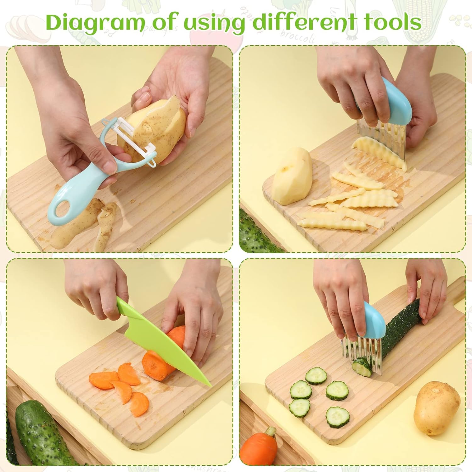 AKlamater 6PCS Kitchen Safety Knives for Kids, 4PCS Children's Cooking Knives in 4 Sizes, Plastic Cutting Board & Paring Knife for Vegetables Fruits Salad…-2