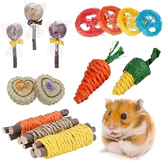 AKlamater Bunny Chew Toys for Teeth,Rabbit Chew Toys,14Pcs Rabbit Toys Treats for Bunny,Straw Cracker Loofah Wood for Rabbit,Chinchilla,Guinea Pig,Hamster