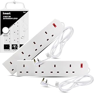 K-MART Heavy Duty Extension Lead UK Pin Plug and Cable, 4 Gang Way 2m Power Adapter, Multi Socket Mains Strip