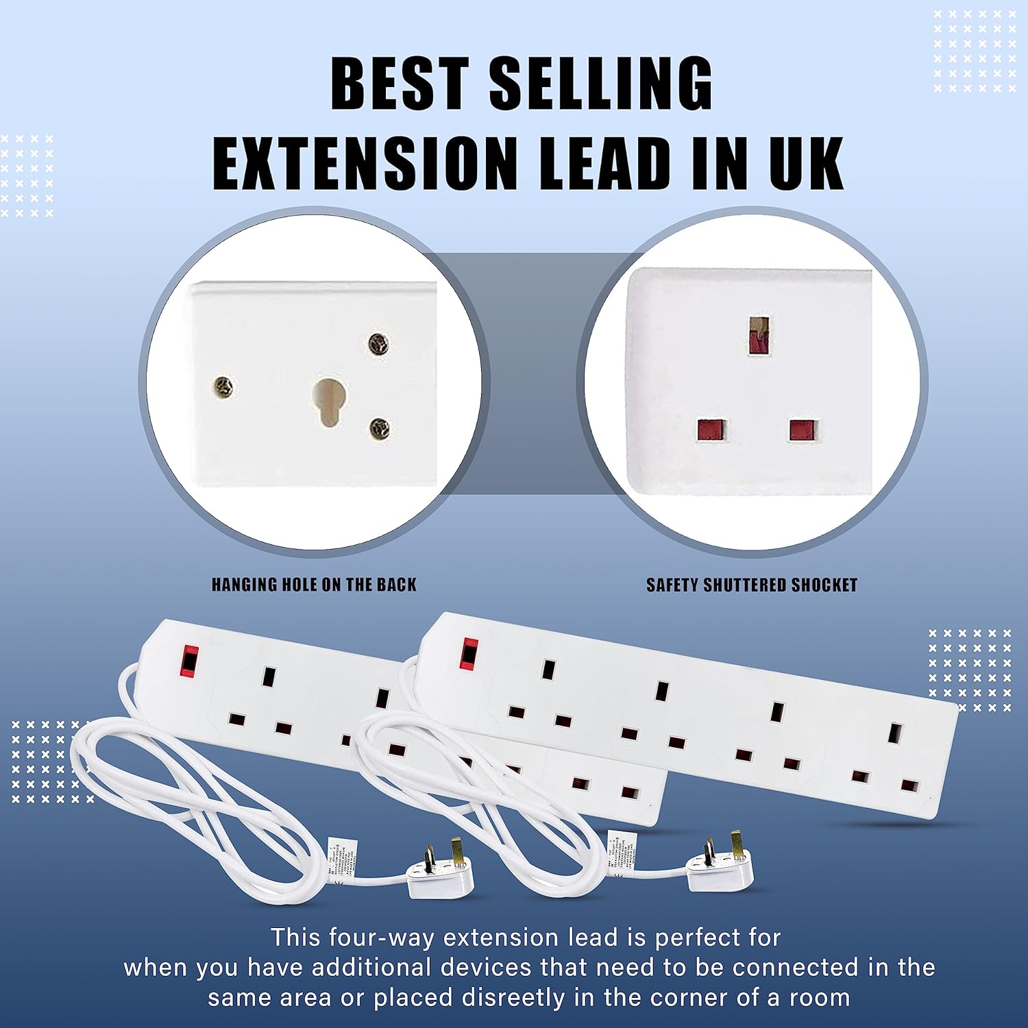 K-MART Heavy Duty Extension Lead UK Pin Plug and Cable, 4 Gang Way 2m Power Adapter, Multi Socket Mains Strip-3