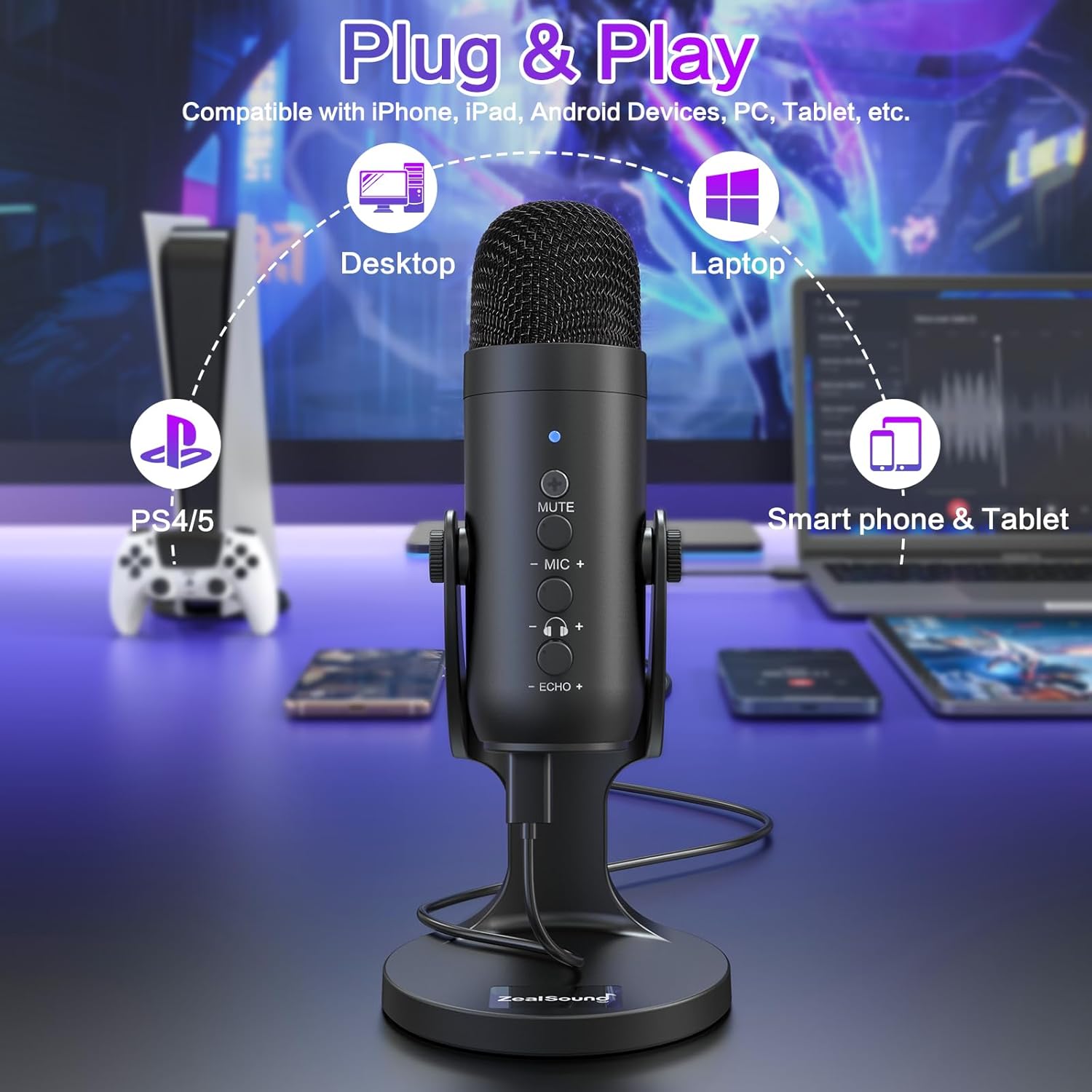 zealsound USB Microphone, PC Phone Podcast Mic, Condenser Gaming microphones for PS4&5, W/Quick Mute, Echo/Gain knob, Plug & Play for Streaming, Vocal Recording, ASMR, YouTube,Twitch on Mac Windows-1