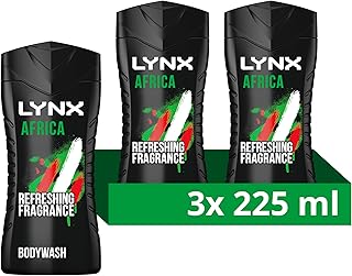 Lynx Africa Body Wash with 12 Hour Refreshing Fragrance Squeezed Mandarin and Sandalwood Scent with Plant-based Moisturizers, 225 ml Bulk Buy 3 Pack