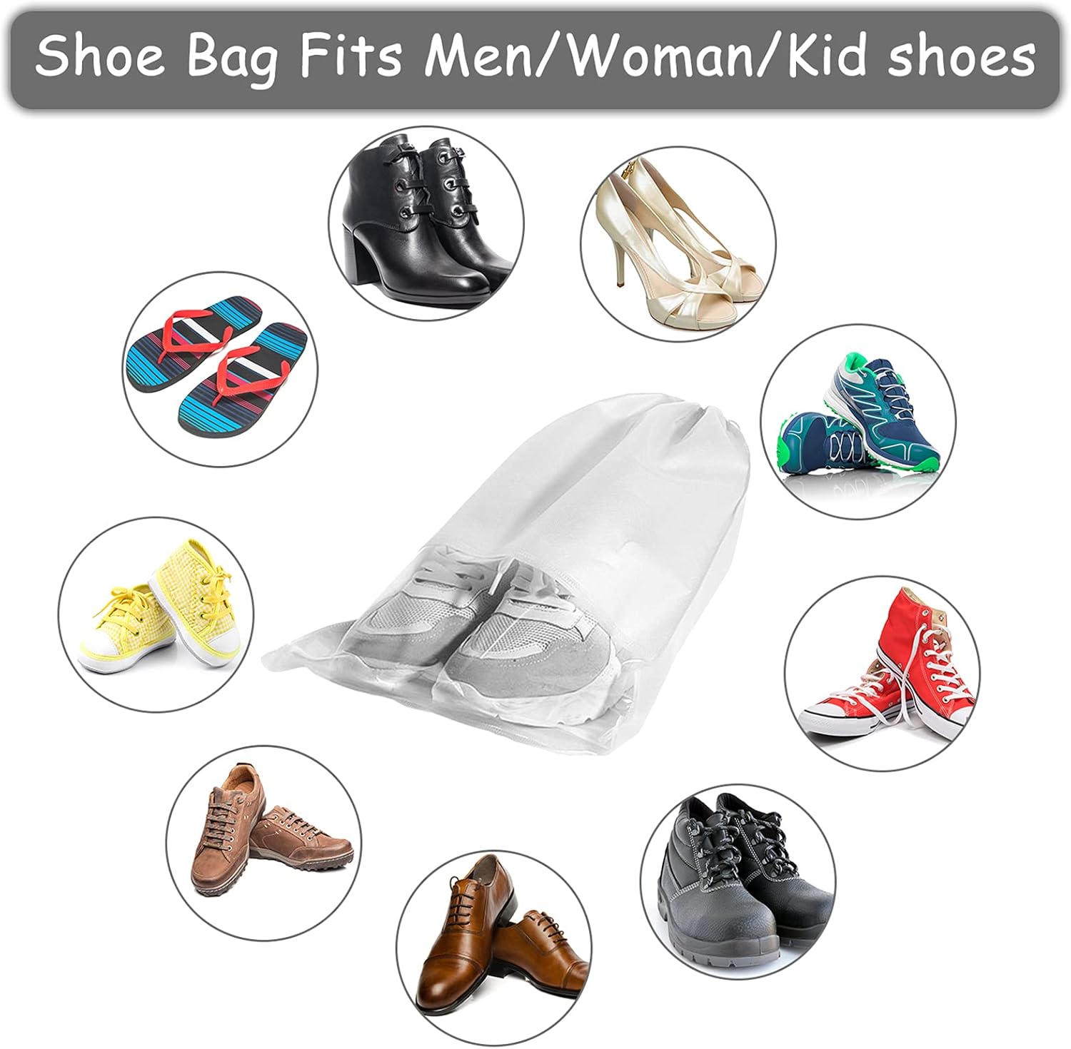 15 PCS Travel Shoe Bag, Large Portable Drawstring Shoes Storage Bags Non-Woven Dust Proof Pouch Space Saving Organizer with Transparent Slot for Men Women Daily and Travel Use (White)-3