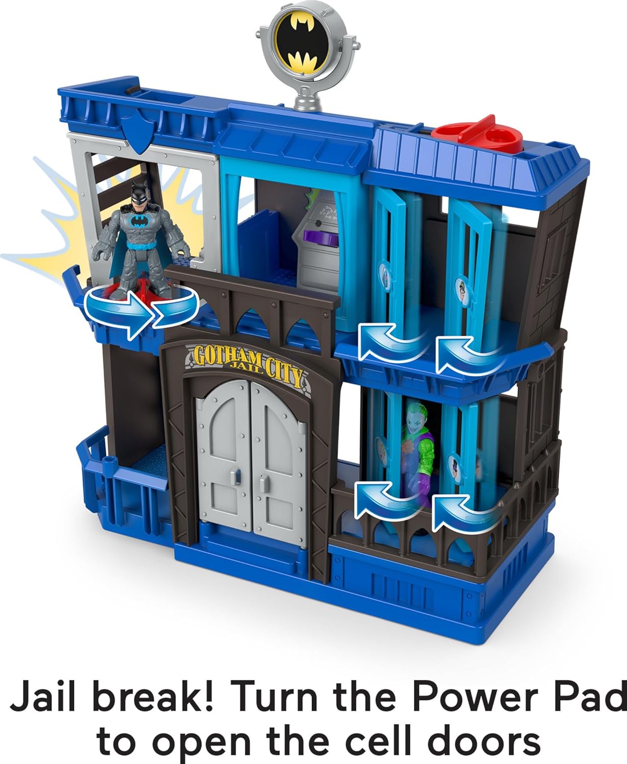 Fisher Price Imaginext DC Super Friends Gotham City Jail Recharged, prison playset with Batman and The Joker figures for preschool kids ages 3+-4