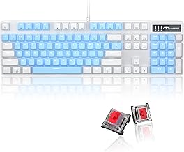 MageGee Mechanical Gaming Keyboard, 104 Keys White Backlit Mechanical Keyboards with Red Switches & Double-Shot Keycaps, Wired Ergonomic Computer Keyboard for Desktop, PC Gamers (White & Blue)