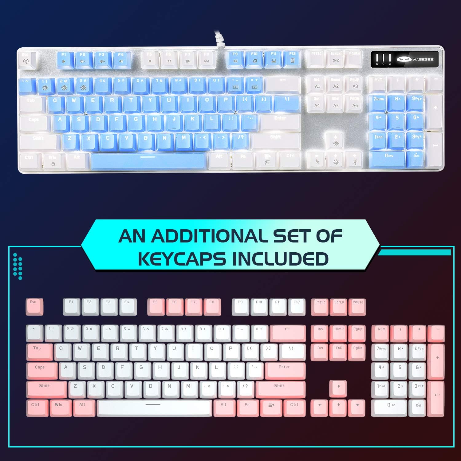 MageGee Mechanical Gaming Keyboard, 104 Keys White Backlit Mechanical Keyboards with Red Switches & Double-Shot Keycaps, Wired Ergonomic Computer Keyboard for Desktop, PC Gamers (White & Blue)-1