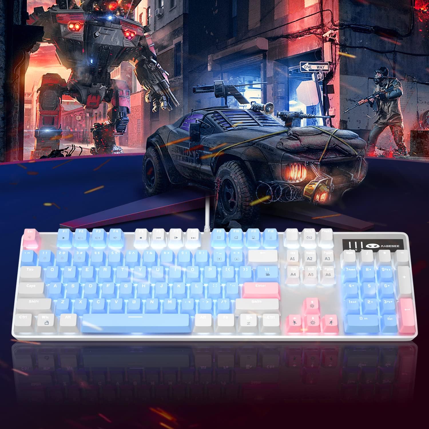 MageGee Mechanical Gaming Keyboard, 104 Keys White Backlit Mechanical Keyboards with Red Switches & Double-Shot Keycaps, Wired Ergonomic Computer Keyboard for Desktop, PC Gamers (White & Blue)-2