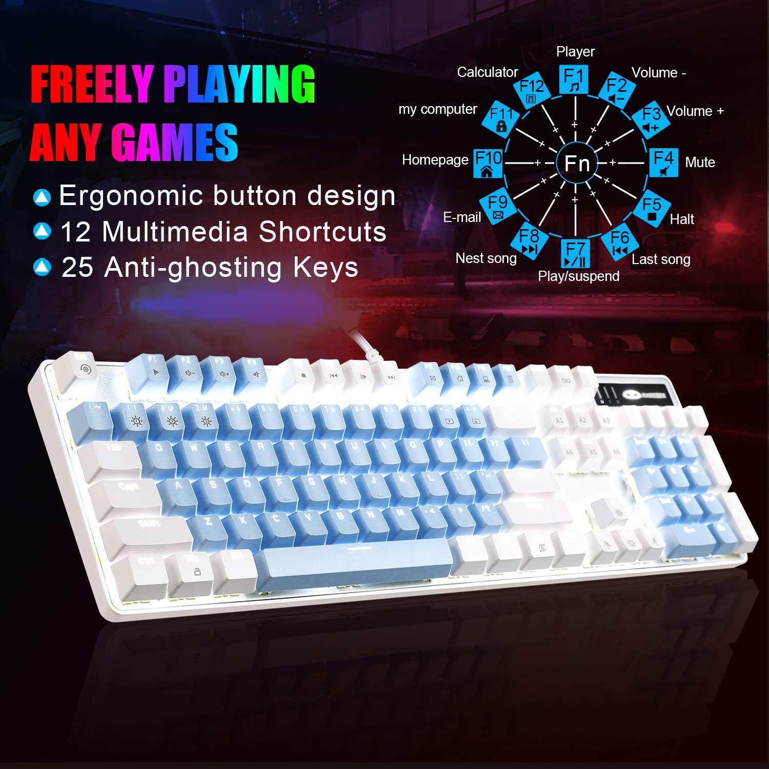 MageGee Mechanical Gaming Keyboard, 104 Keys White Backlit Mechanical Keyboards with Red Switches & Double-Shot Keycaps, Wired Ergonomic Computer Keyboard for Desktop, PC Gamers (White & Blue)-3