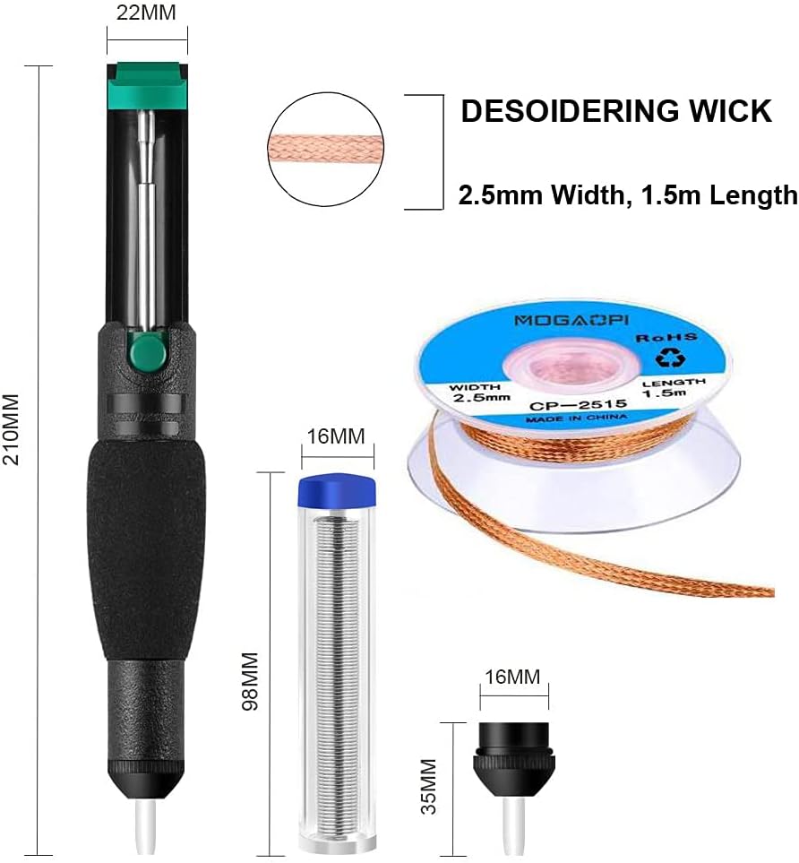 MOGAOPI Desoldering Wick, Desoldering Pump, Solder Sucker, Solder Wick, 2pcs Solder Braid (2.5mm Width, 1.5m Length) Solder Wire, Replacement Tip, Desoldering Vacuum Pump Solder Removal Tool-2