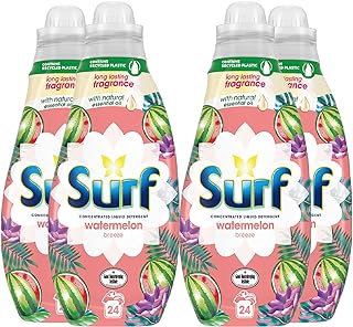 4 pack of Surf Watermelon Breeze Concentrated Liquid Detergent 648ml, 24 washes with Long Lasting Fragrance and Natural Essential Oil, For Burst of Uplifting Fragrance