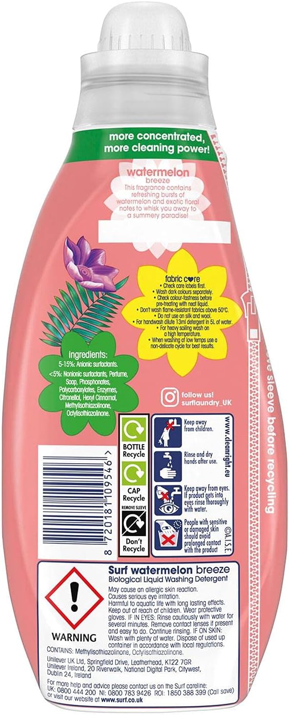 4 pack of Surf Watermelon Breeze Concentrated Liquid Detergent 648ml, 24 washes with Long Lasting Fragrance and Natural Essential Oil, For Burst of Uplifting Fragrance-2