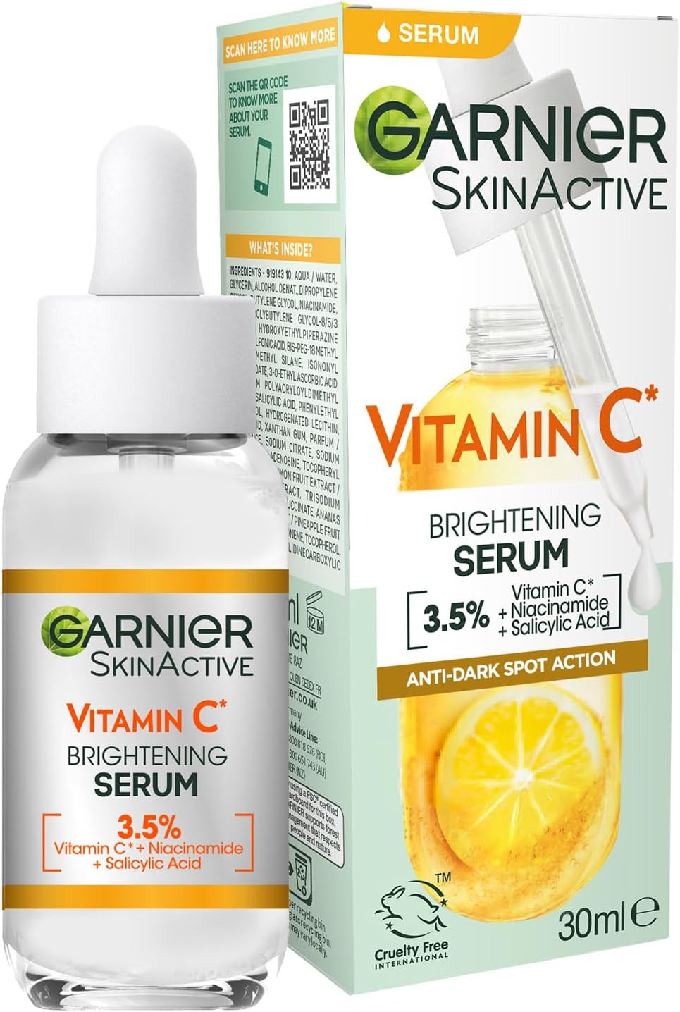 Garnier Vitamin C Serum for Face, Anti-Dark Spots & Brightening Serum, 3.5% Vitamin C, Niacinamide, Salicylic Acid & Lemon Extract- 30Ml , Pack of 1, bottle packaging may vary-0