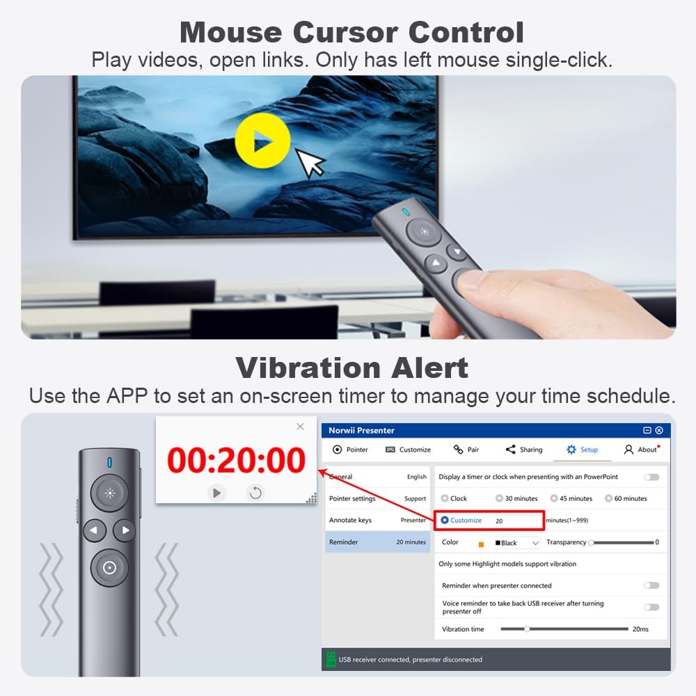 NORWII N95s Pro Highlighting Presentation Remote Rechargeable with Memory, Digital Pointer Presentaion and Air Mouse Presenter Pointer, Supports Magnify Timer LED LCD TV Screen-3