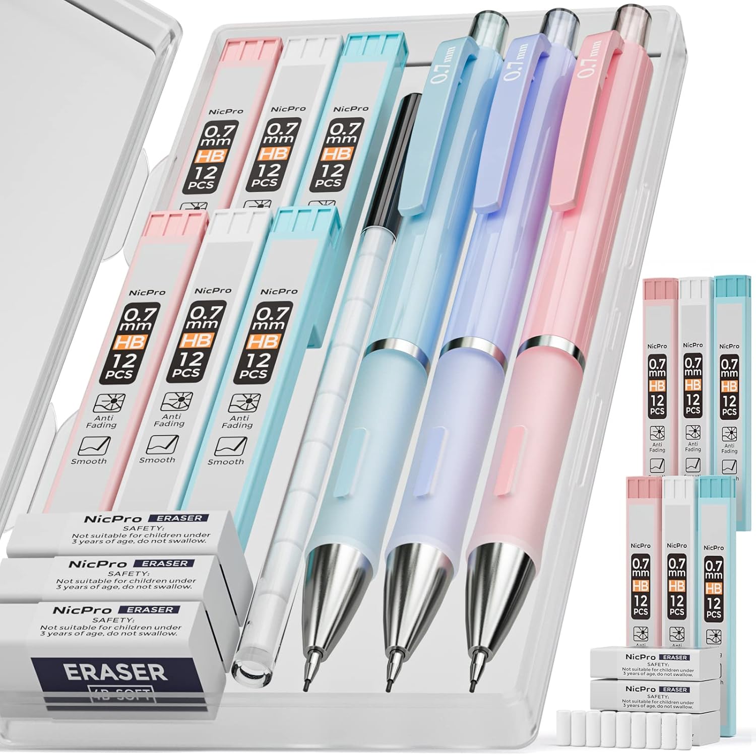 Nicpro 3PCS Pastel Mechanical Pencil Set, 0.7 mm Clutch Propelling Cute Pencil with 6 Tubes HB Lead Refills, 3PCS Eraser & 9PCS Eraser Refill for Student Writing, Drafting, Sketching -Come with Case-0