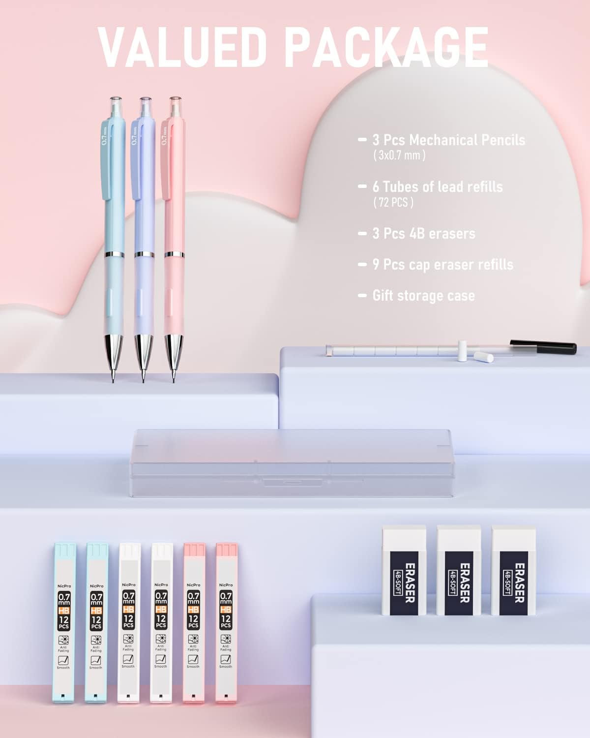 Nicpro 3PCS Pastel Mechanical Pencil Set, 0.7 mm Clutch Propelling Cute Pencil with 6 Tubes HB Lead Refills, 3PCS Eraser & 9PCS Eraser Refill for Student Writing, Drafting, Sketching -Come with Case-5