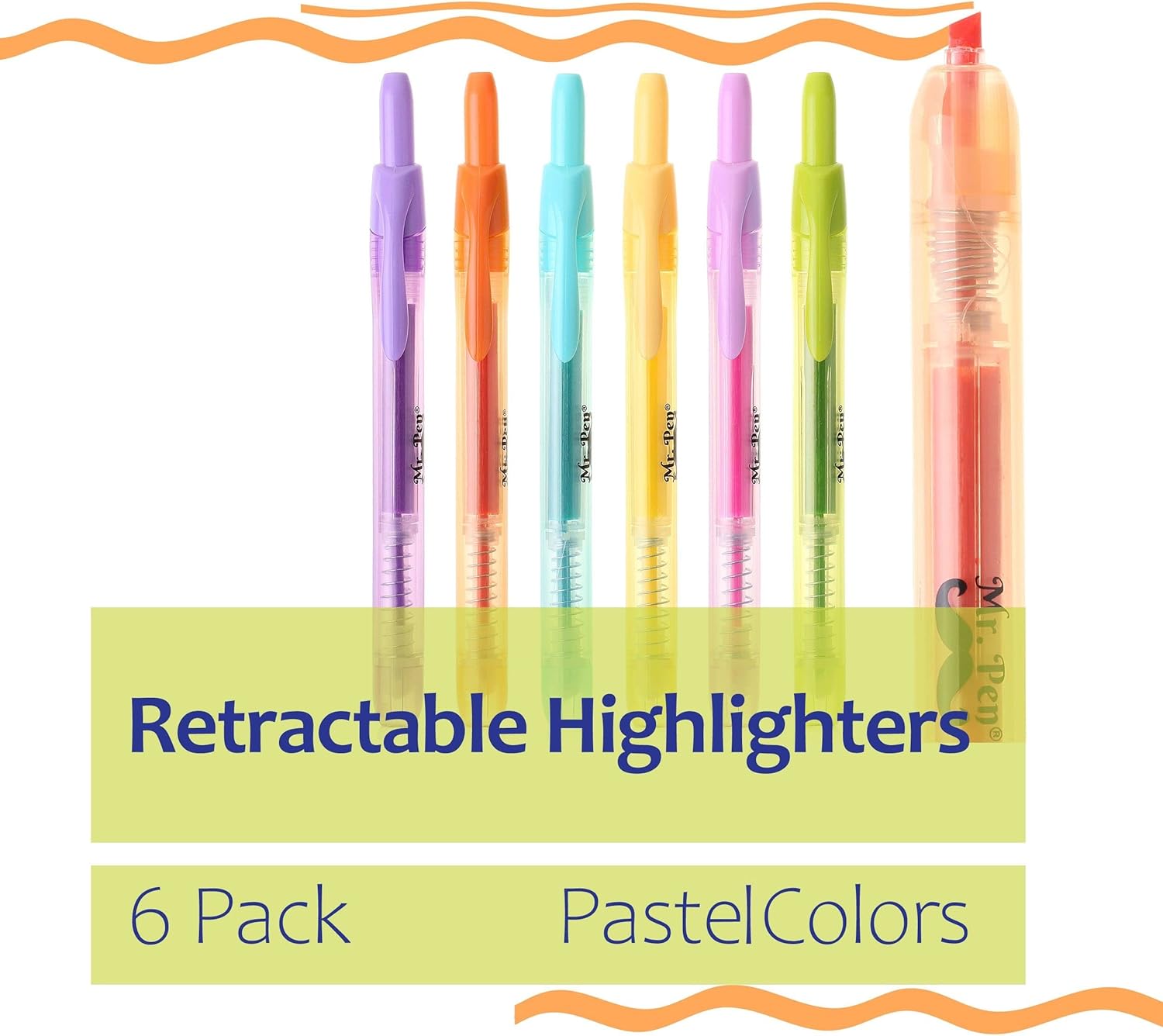 Mr. Pen- Retractable Highlighters, 6 Pack, Pastel Colors, Chisel Tip, No Smear Click Highlighter, Bible Journaling Highlighter, Highlighter Markers Retractable, Highlighter Pens, Mild Highlighters-1