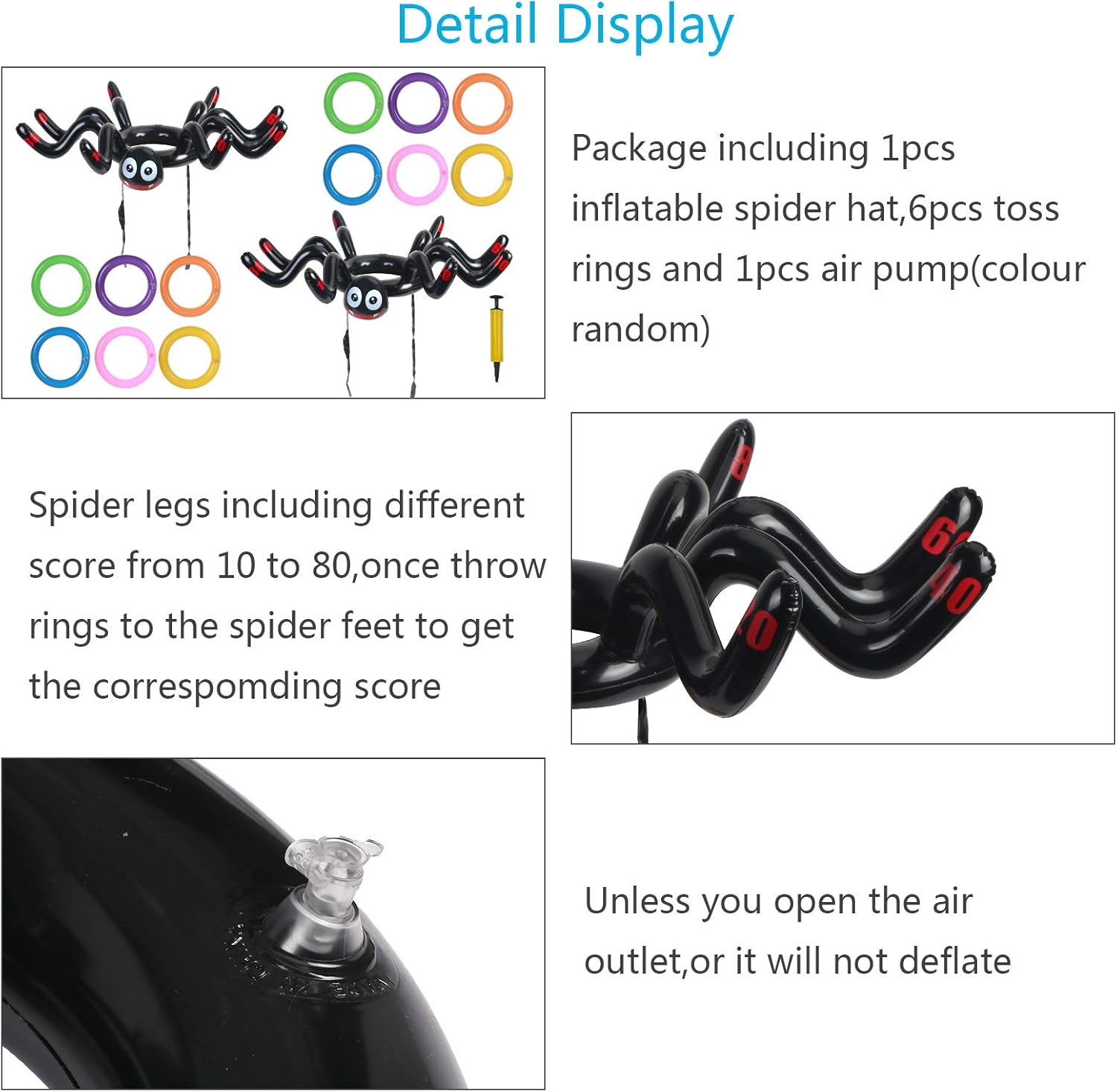 ZERHOK Inflatable Spider Hat, Halloween Spider Toss Toy Spider Feet Target Game with 6pcs Colourful Throwing Rings for Kids Adults Indoor Outdoor Garden Game Gift Party Supplies-5