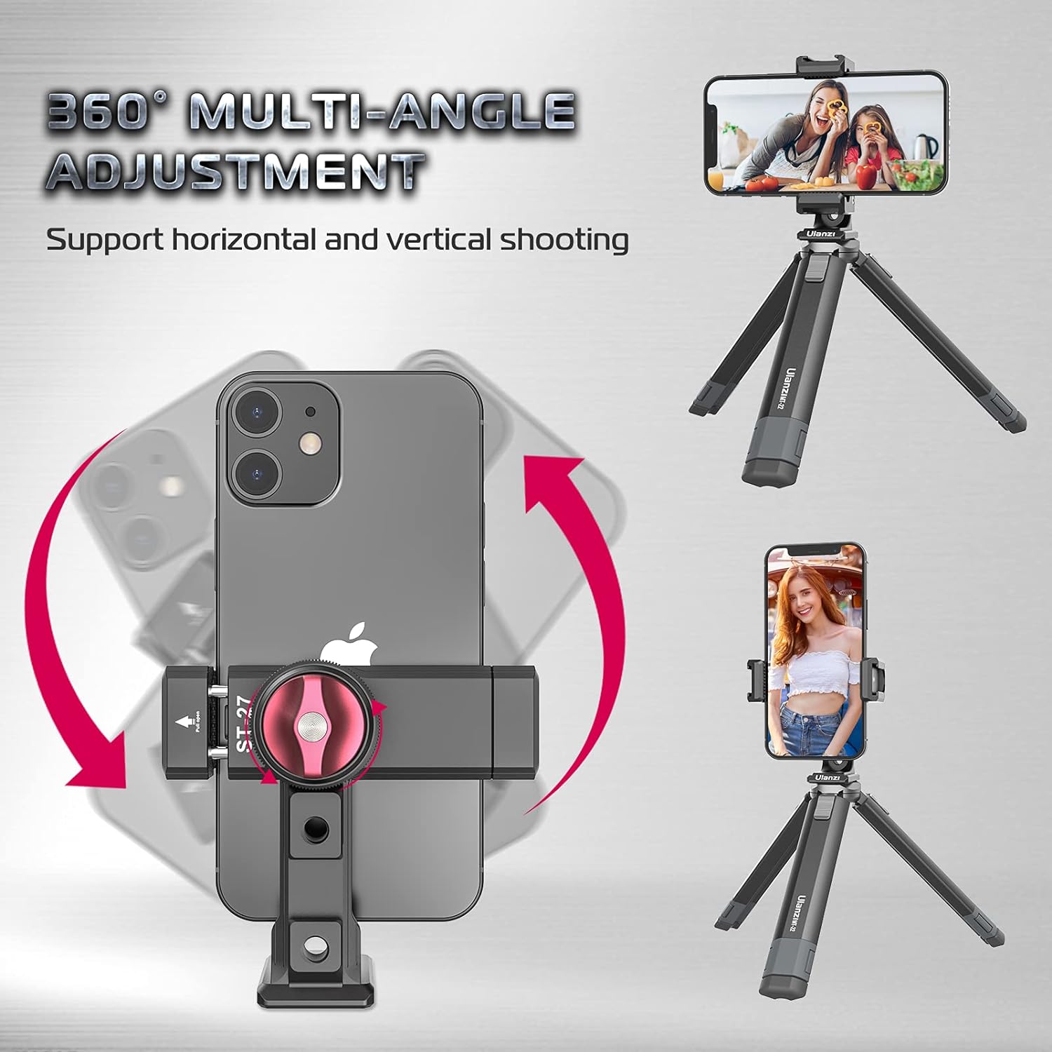 ULANZI Phone Tripod Mount, ST-27 Aluminum iPhone Tripod Mount w 3 Cold Shoes, Arca-Swiss Phone Mount for Tripod w 1/4" Screw Hole, 360° Rotating Tripod Phone Mount for iPhone, Galaxy, Huawei Phones-2