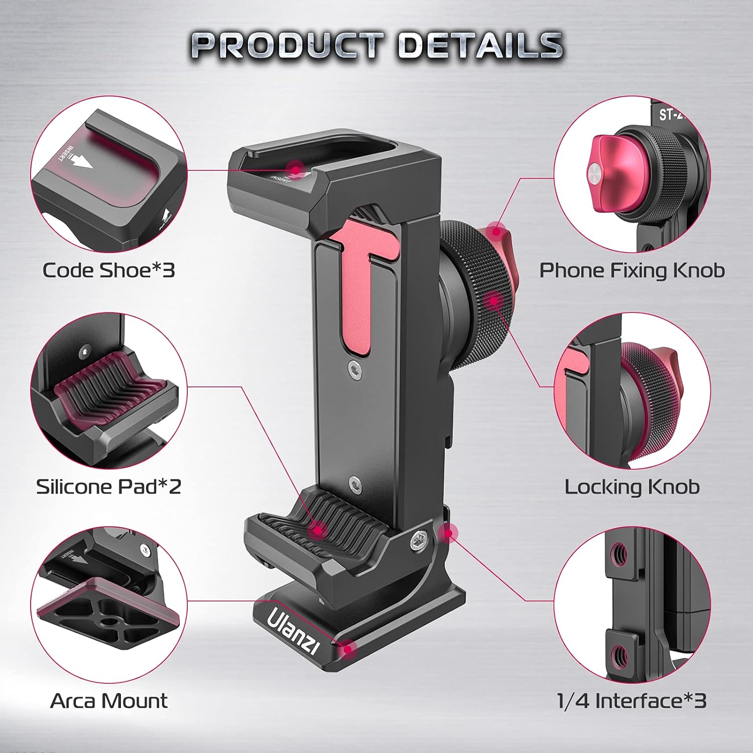 ULANZI Phone Tripod Mount, ST-27 Aluminum iPhone Tripod Mount w 3 Cold Shoes, Arca-Swiss Phone Mount for Tripod w 1/4" Screw Hole, 360° Rotating Tripod Phone Mount for iPhone, Galaxy, Huawei Phones-5