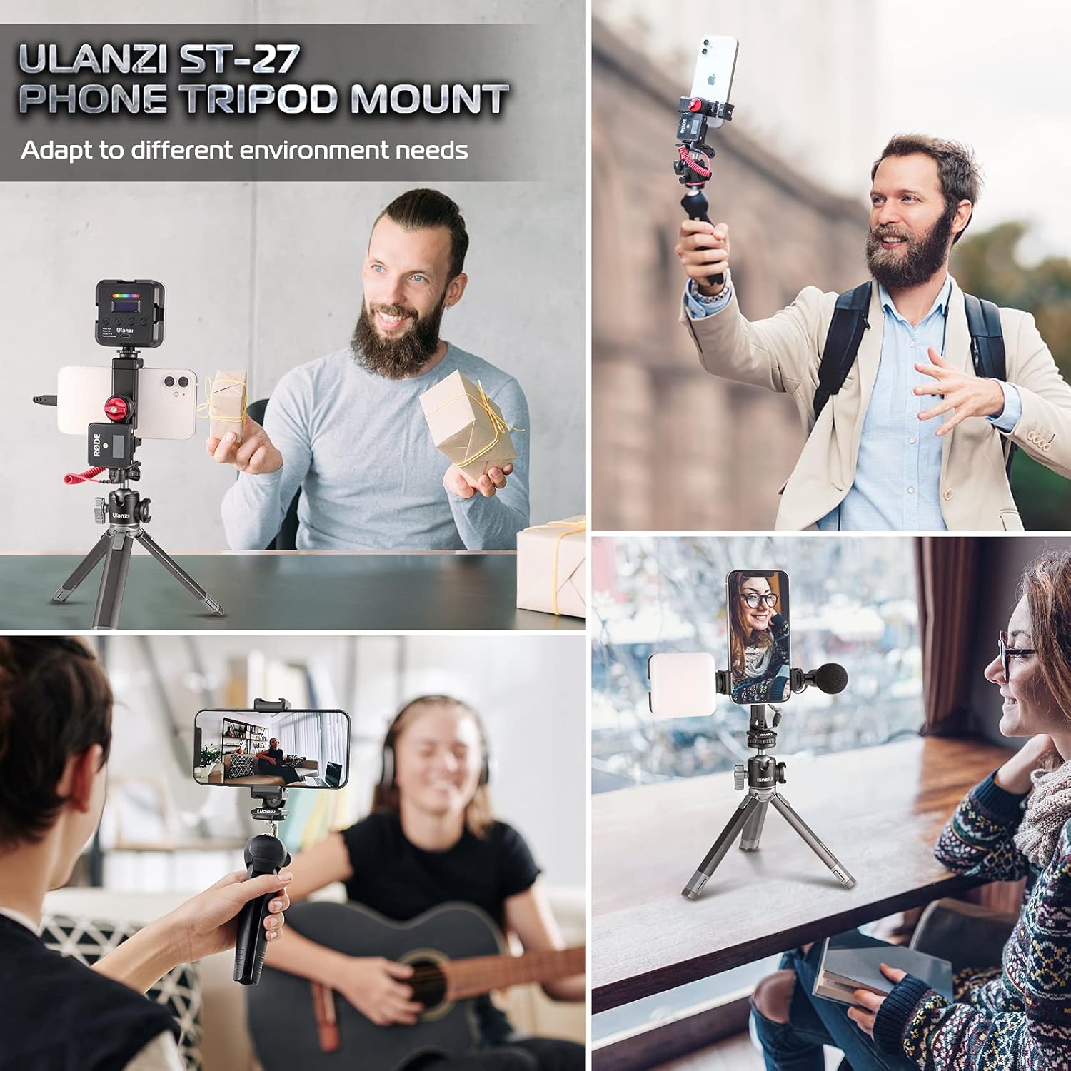 ULANZI Phone Tripod Mount, ST-27 Aluminum iPhone Tripod Mount w 3 Cold Shoes, Arca-Swiss Phone Mount for Tripod w 1/4" Screw Hole, 360° Rotating Tripod Phone Mount for iPhone, Galaxy, Huawei Phones-6