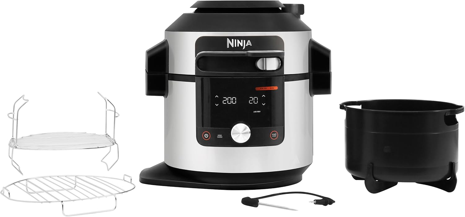 Ninja Foodi MAX 15-in-1 SmartLid Multi-Cooker 7.5L with Digital Probe, Electric Pressure Cooker & Air Fryer, Slow Cook and more, Cooks 6 Portions, Stainless Steel/Black OL750UK-3