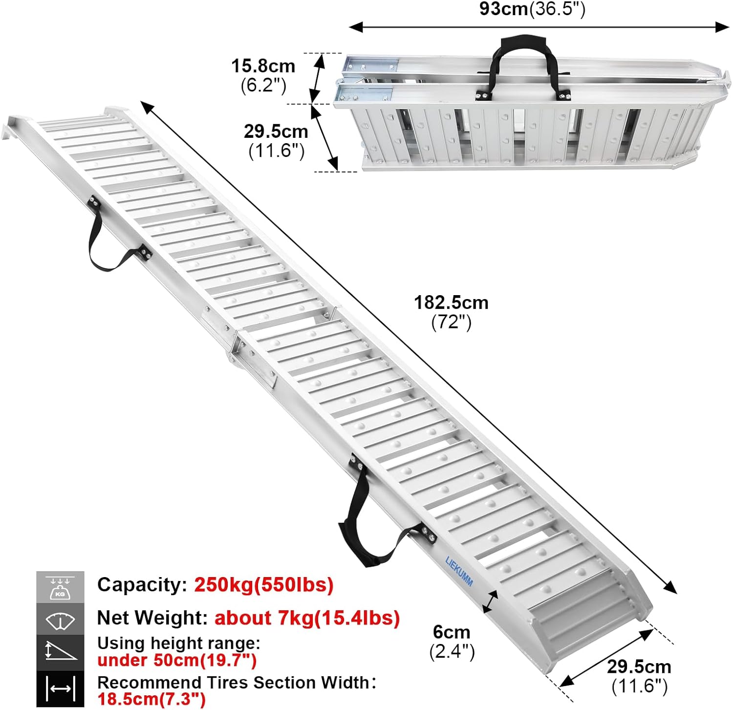 LIEKUMM Motorbike Loading Ramp, 182.5cm Aluminum Loading Ramp for Van, ATV Truck Scooter Quad Lawn Mower, 250kg Capacity Motorcycle Loading Ramp, Silver-1