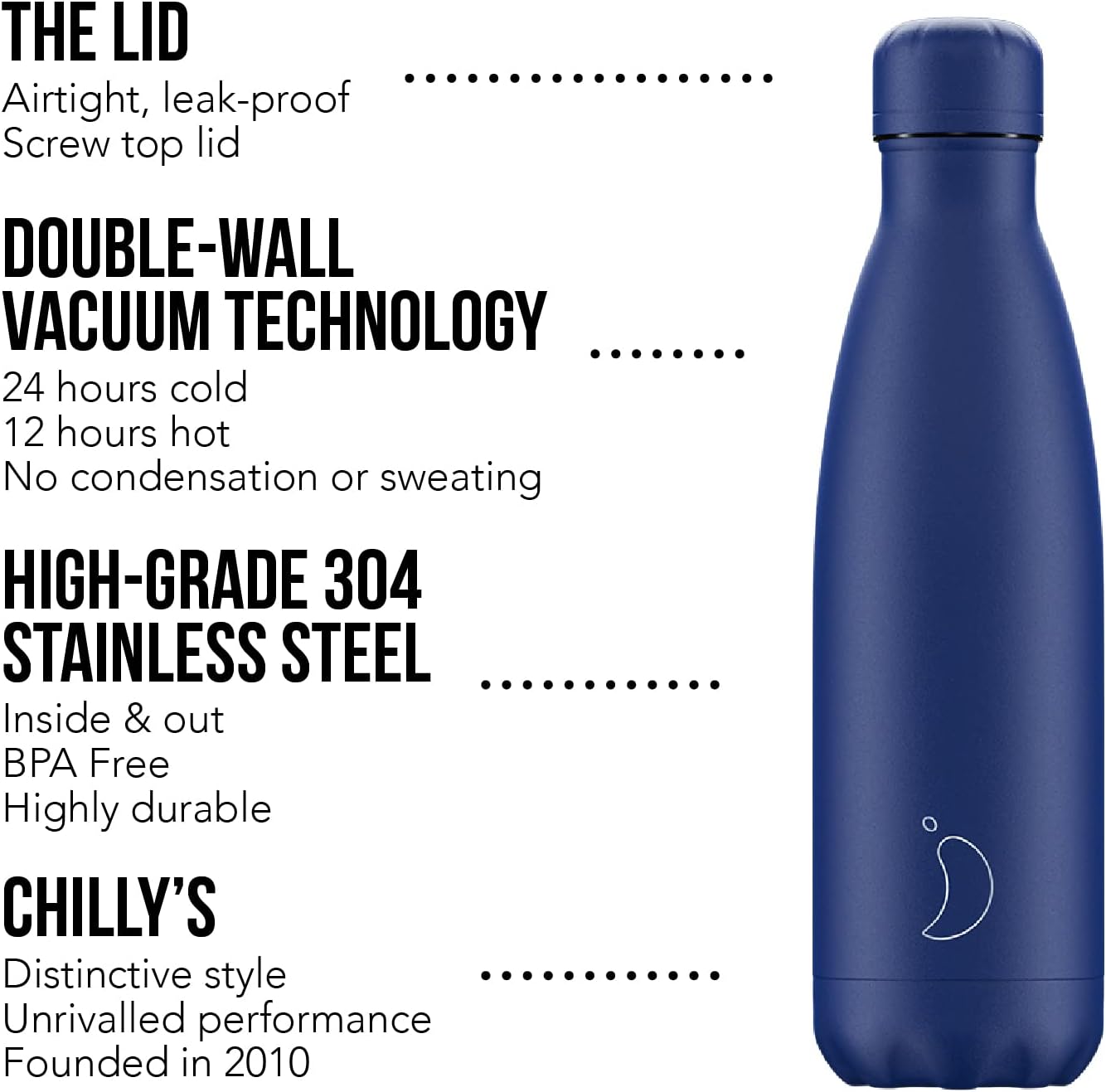 Chilly's Water Bottle - Stainless Steel and Reusable - Leak Proof, Sweat Free - Matte - All Blue - 500ml-2