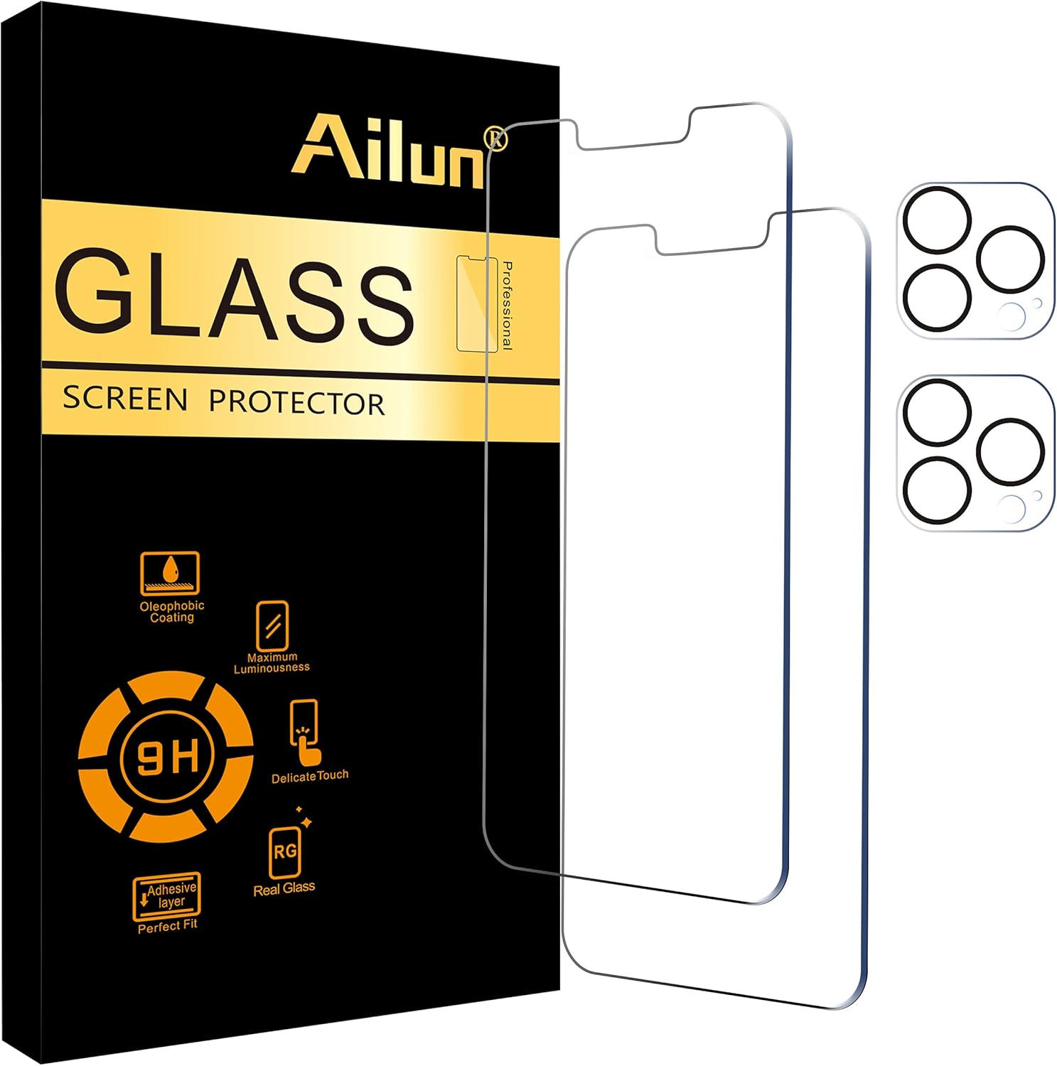 Ailun 2 Pack Screen Protector Compatible for iPhone 13 Pro Max [6.7 inch] Display 2021 with 2 Pack Tempered Glass Camera Lens Protector,[9H Hardness]-HD-0