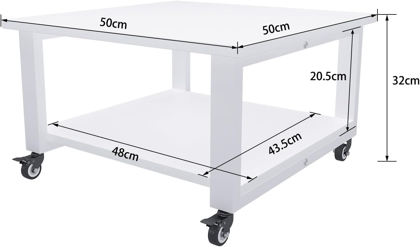 PUNCIA 2-Tier Movable Laser Printer Copier Stand Cart 50x50x32cm Under Desk Heavy Duty Rolling Table with Storage Floor-Standing Holder on Wheels Fax A4 Paper Organizer Shelf for Home Office White-1