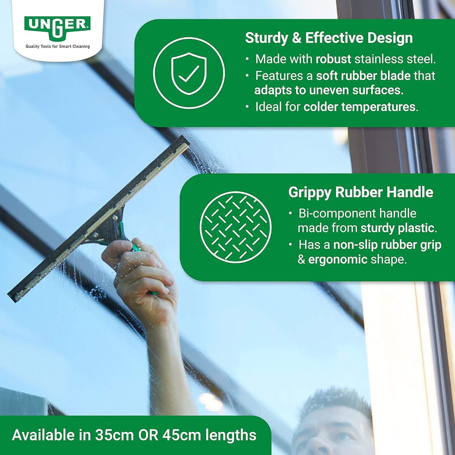 UNGER 79001 ErgoTec Window Squeegee 45cm - Rubber Squeegee Blade, Stainless Steel Channel & Rubber Grip Handle - Window Cleaning Equipment, Green-2