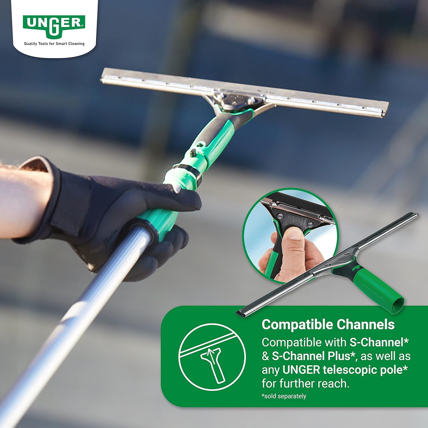 UNGER 79001 ErgoTec Window Squeegee 45cm - Rubber Squeegee Blade, Stainless Steel Channel & Rubber Grip Handle - Window Cleaning Equipment, Green-3