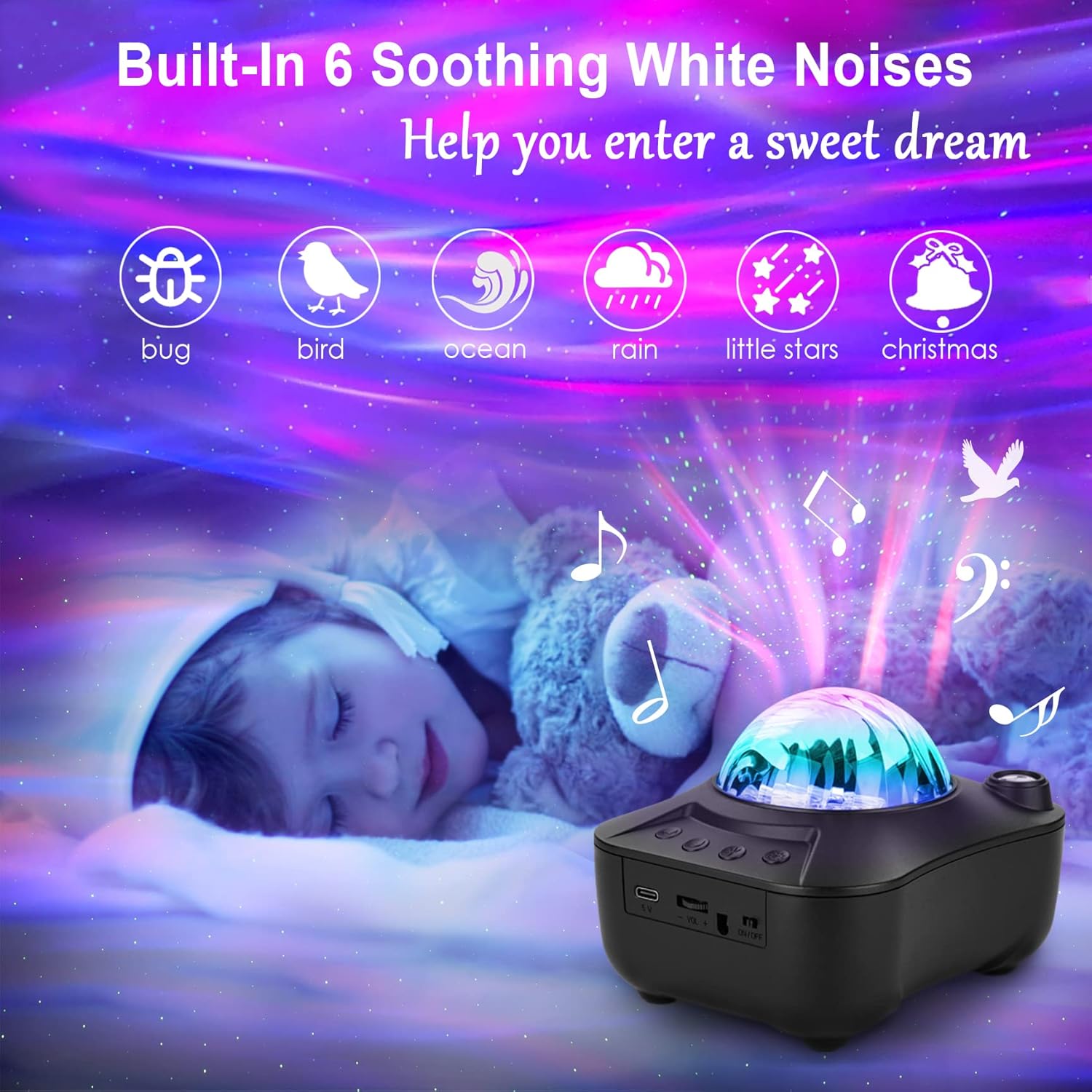 DENGBABA Aurora Star Projector LED Galaxy Night Light with White Noise,Sound Sensor,Bluetooth Speaker,Timer Setting, Moon Lamp Bedroom,Game Room,Theater,Ceiling,Party Decoration, Black-3