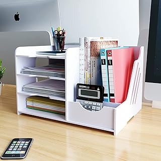 PUNCIA 4-Tier Office White Letter Tray Desk Tidy Organiser A4 File Rack Paper Sorter Storage with Vertical Horizontal All in One Supplies Storage Box Desktop Magazine File Holder