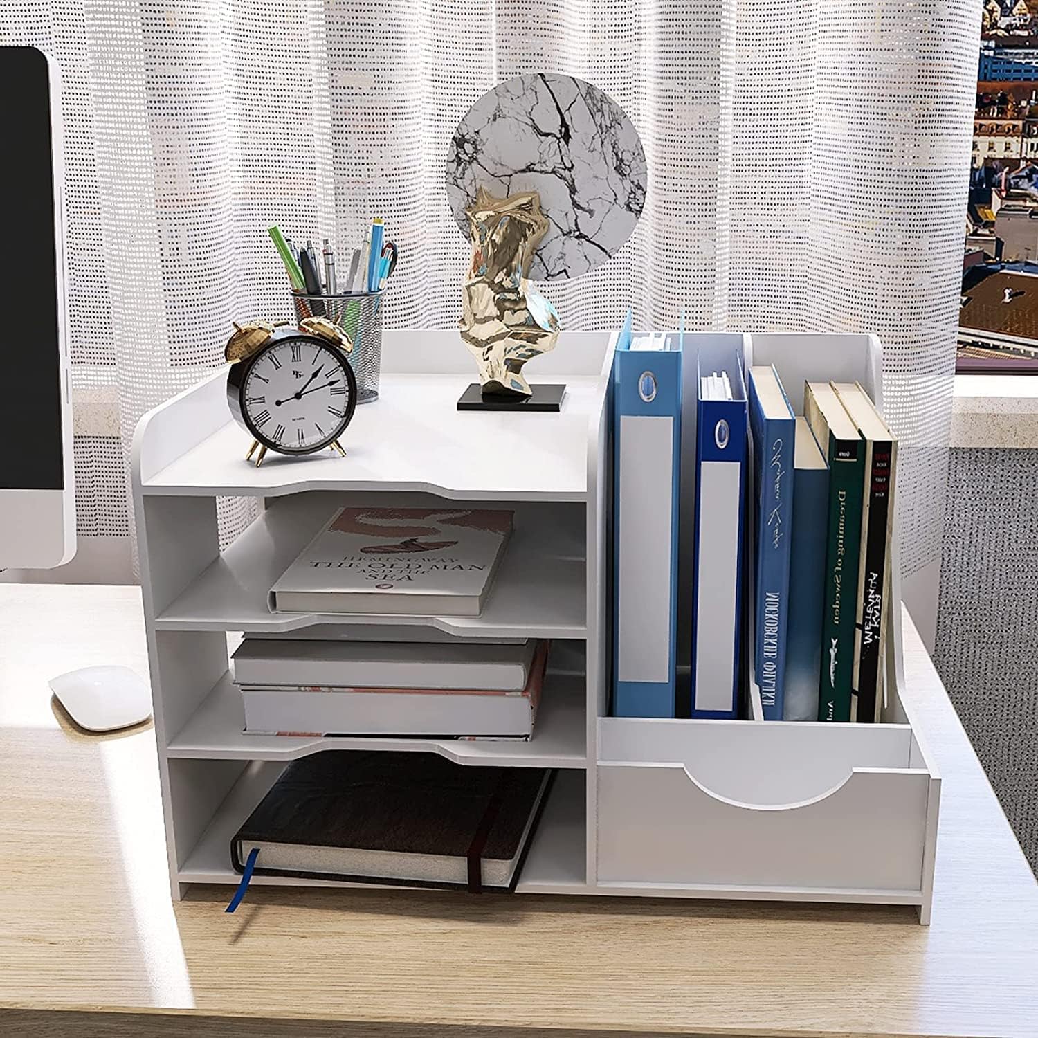 PUNCIA 4-Tier Office White Letter Tray Desk Tidy Organiser A4 File Rack Paper Sorter Storage with Vertical Horizontal All in One Supplies Storage Box Desktop Magazine File Holder-5