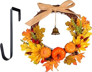 Warmiehomy 30cm Autumn Wreath with Hanger & LED Light, Front Door Fall Halloween Wreath Autumn Decorations with Pumpkins Pine Cones Maple Leaves Bells for Harvest Thanksgiving Christmas