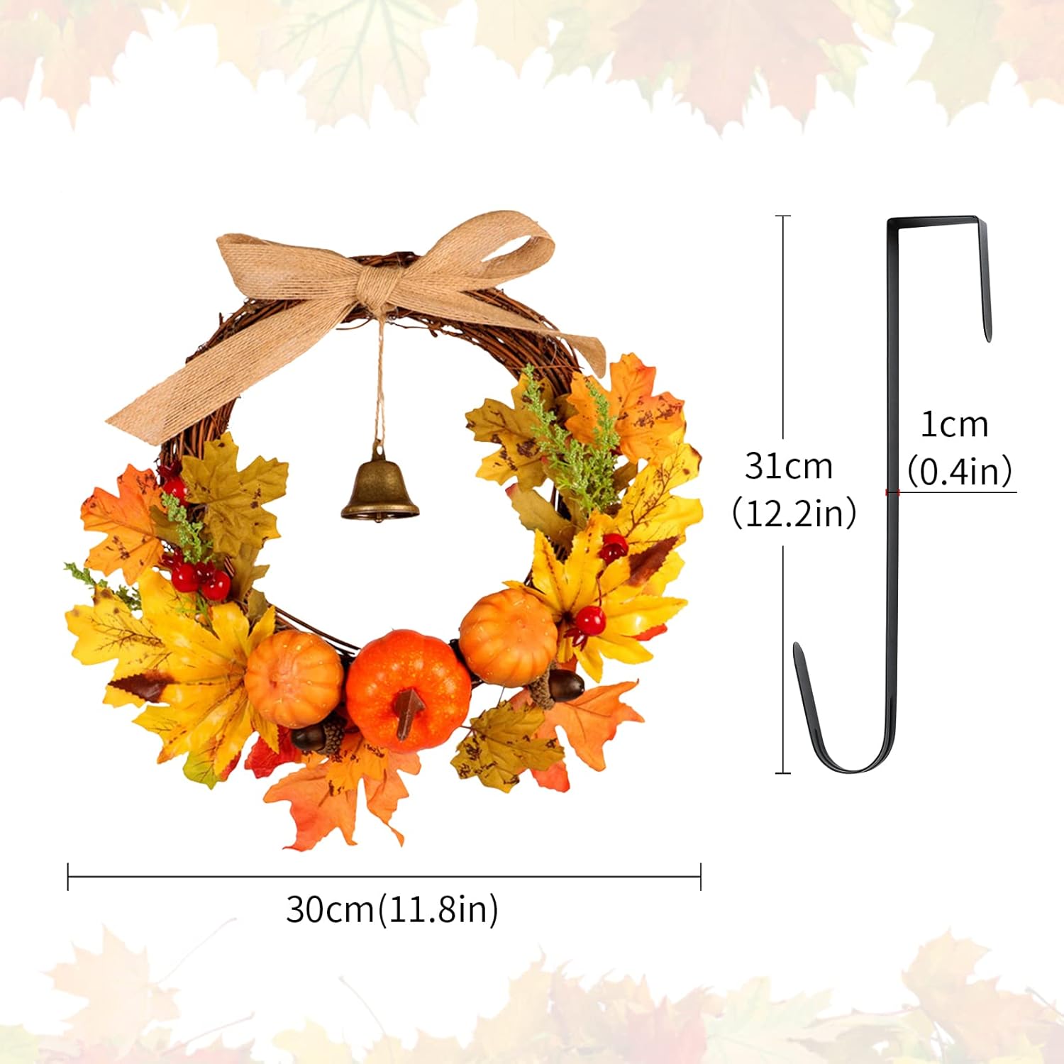 Warmiehomy 30cm Autumn Wreath with Hanger & LED Light, Front Door Fall Halloween Wreath Autumn Decorations with Pumpkins Pine Cones Maple Leaves Bells for Harvest Thanksgiving Christmas-1