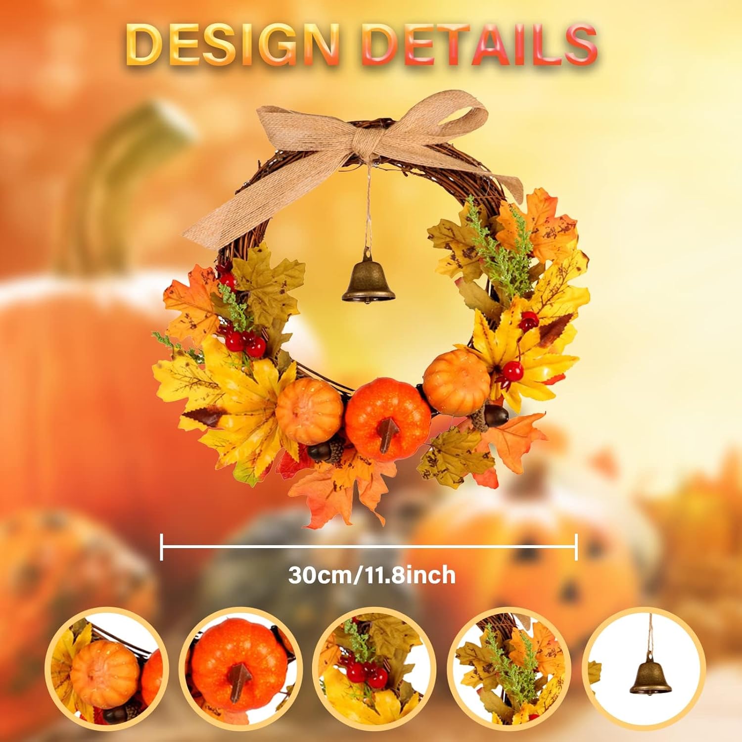 Warmiehomy 30cm Autumn Wreath with Hanger & LED Light, Front Door Fall Halloween Wreath Autumn Decorations with Pumpkins Pine Cones Maple Leaves Bells for Harvest Thanksgiving Christmas-2