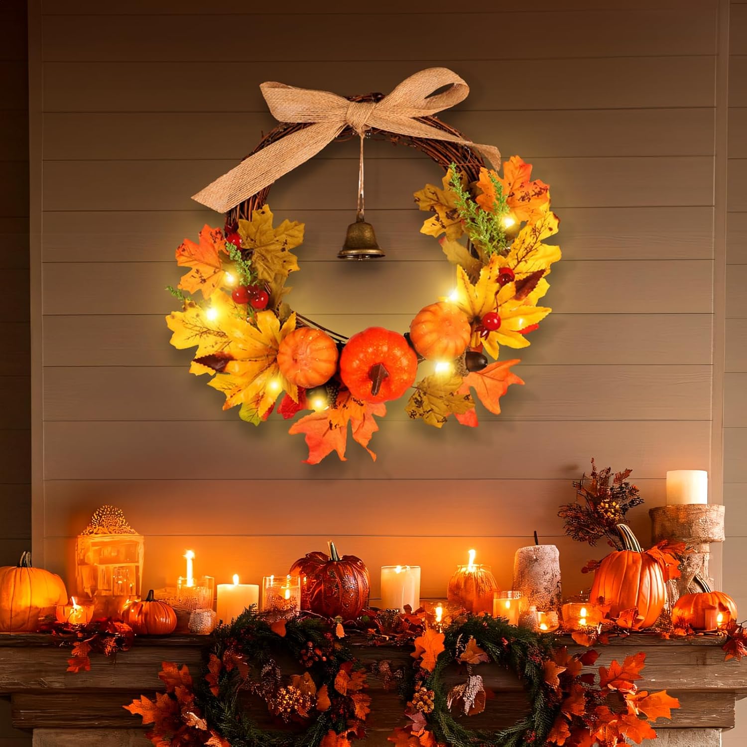 Warmiehomy 30cm Autumn Wreath with Hanger & LED Light, Front Door Fall Halloween Wreath Autumn Decorations with Pumpkins Pine Cones Maple Leaves Bells for Harvest Thanksgiving Christmas-3